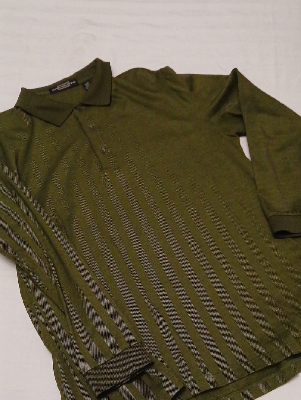 Men's Olive Green Long-Sleeve Polo with Subtle Stripe Texture XL